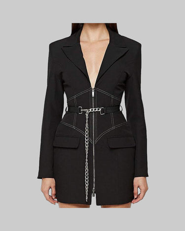 Niche Design Women Clothing Spring Long Slim Fit Belt Blazer Dress Black